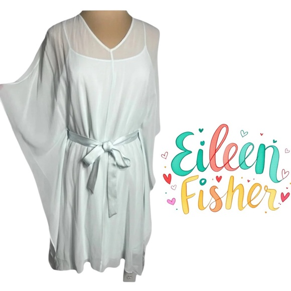 Eileen Fisher pale blue 
Sheer Silk V-Neck kaftan Dress w/ Belt - Picture 1 of 14